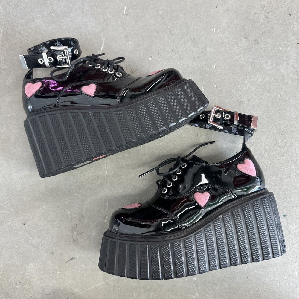 NEW! Dolls Kill Lamoda Black Pink Heart Chunky Platform Creeper Shoes Size 6